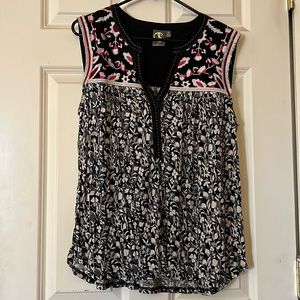 Anthropologie One September Black Fringe Embroidered Top Size L